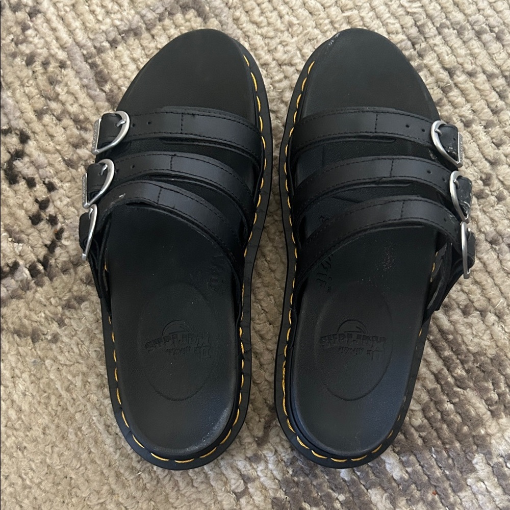 Dr. Martens Black Slide Sandals with Silver Buckles